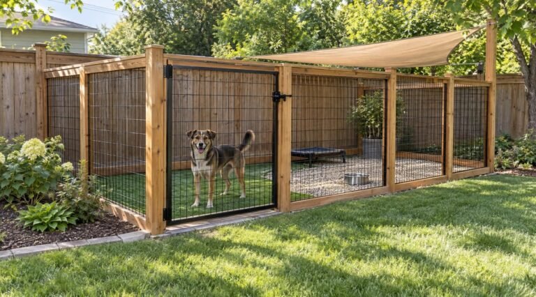 Backyard DIY dog run with wood posts, black welded wire panels, a gate, gravel and turf, and a shade sail