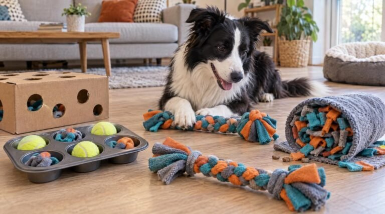 Border collie lying next to homemade dog toys: braided fleece tugs, a muffin tin puzzle and a towel snuffle roll