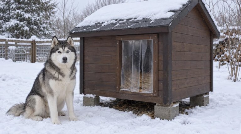 Insulated wooden dog house with a vinyl strip door flap in a snowy yard, with a husky sitting beside it