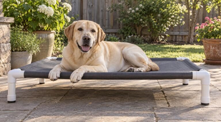 Yellow Labrador lying on a homemade PVC raised dog cot on a backyard patio