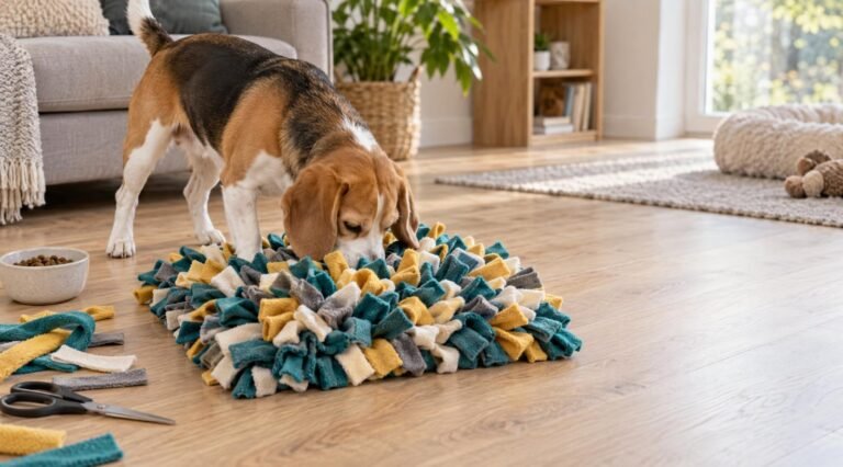 DIY no-sew fleece snuffle mat with a beagle sniffing for hidden kibble, fleece strips and scissors beside it