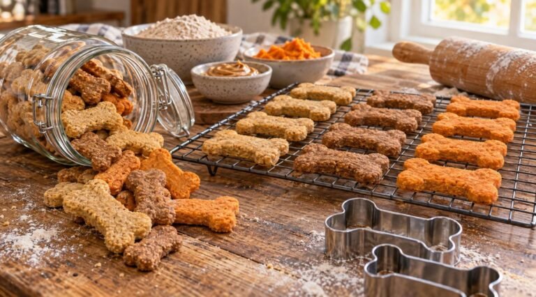 Three kinds of homemade bone-shaped dog biscuits on a cooling rack and in a glass jar