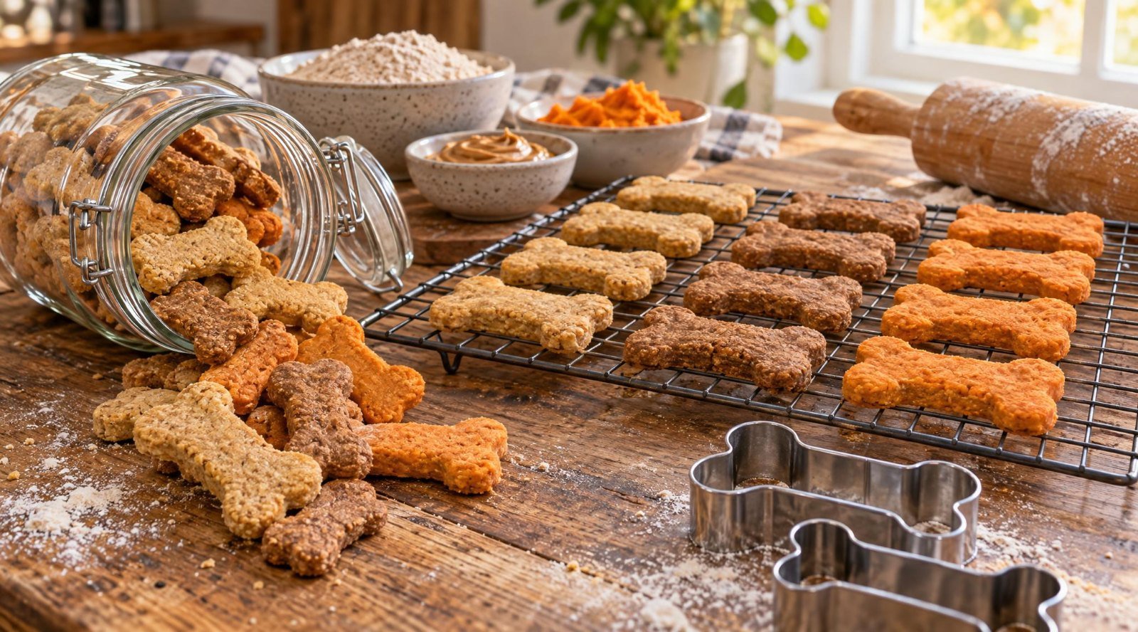 Three kinds of homemade bone-shaped dog biscuits on a cooling rack and in a glass jar