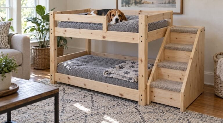 Handmade wooden dog bunk bed with carpeted steps and a beagle lying on the top bunk