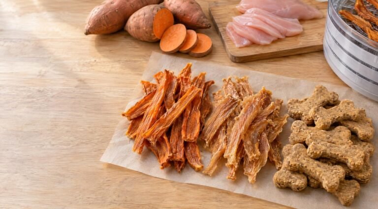 Homemade dog chews: dehydrated sweet potato strips, chicken jerky and hard peanut butter biscuits on parchment