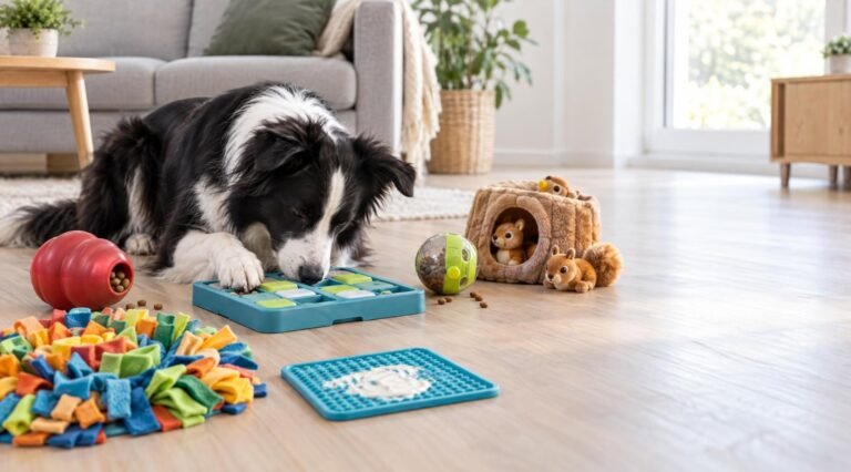 Dog enrichment toys: border collie working a puzzle feeder surrounded by a stuffed rubber toy, snuffle mat, lick mat, treat ball and burrow toy