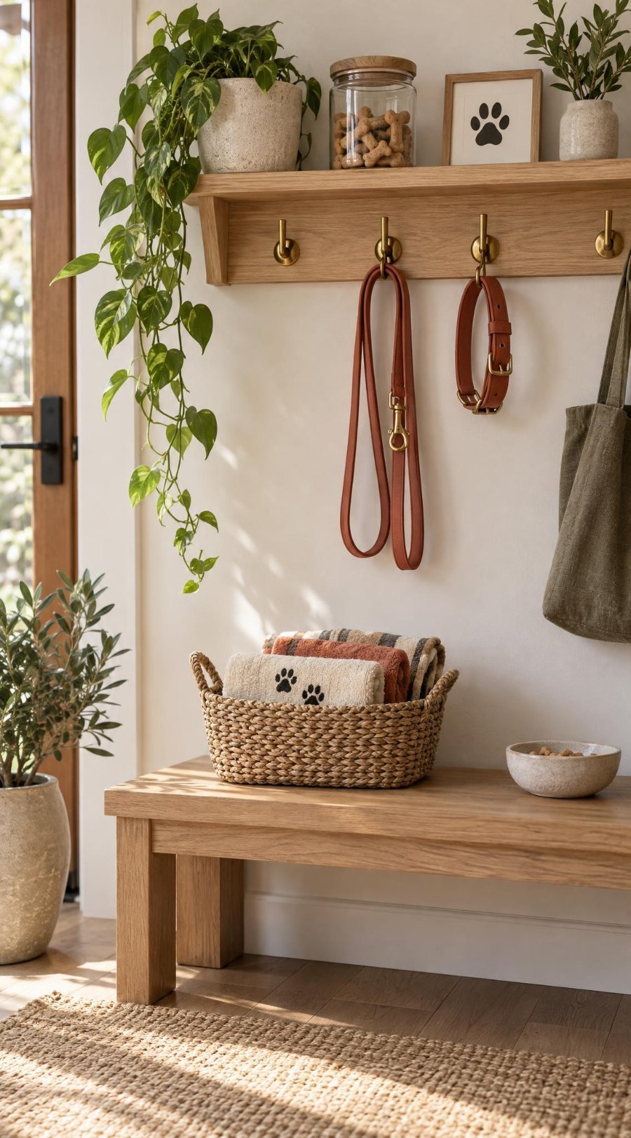 Entryway dog station with an oak shelf, brass hooks holding a matching leash and collar, and a treat jar