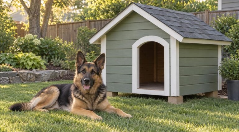 Green wooden dog house with a gable shingle roof and a German shepherd mix lying in front
