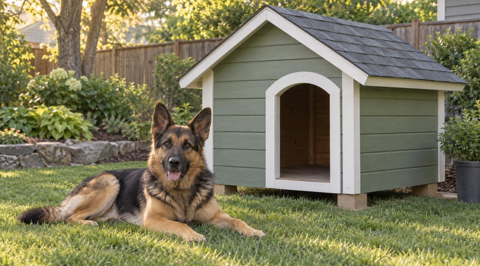 Green wooden dog house with a gable shingle roof and a German shepherd mix lying in front