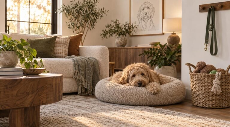 Neutral-toned living room with a goldendoodle on a round dog bed, a leash on a wall hook and a basket of toys