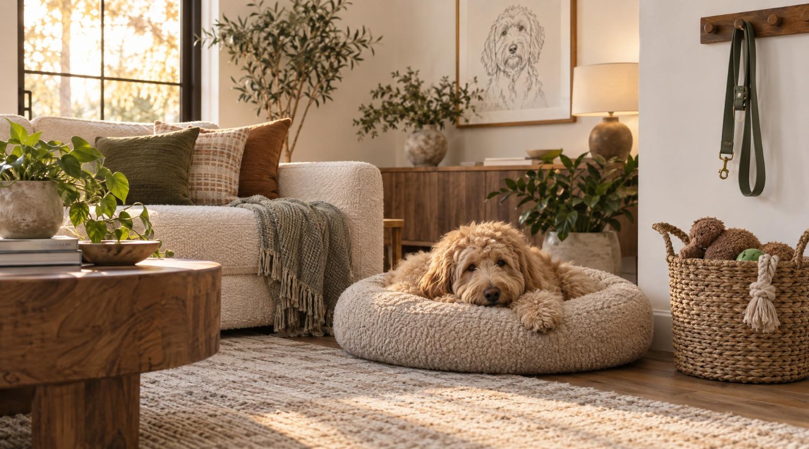 Neutral-toned living room with a goldendoodle on a round dog bed, a leash on a wall hook and a basket of toys