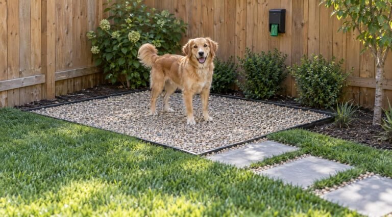 Dog potty area outside: golden dog standing on a pea gravel potty area with metal edging and a stepping-stone path in a backyard corner