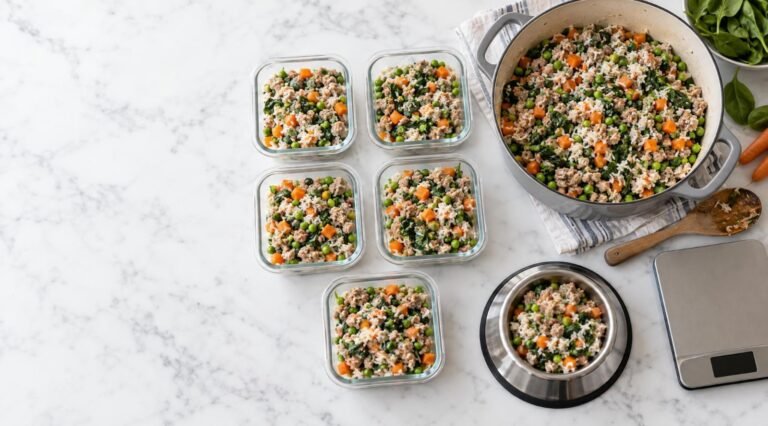 Homemade fresh dog food copycat recipe: turkey, rice, carrots, peas and spinach in a pot and portioned into glass meal prep containers