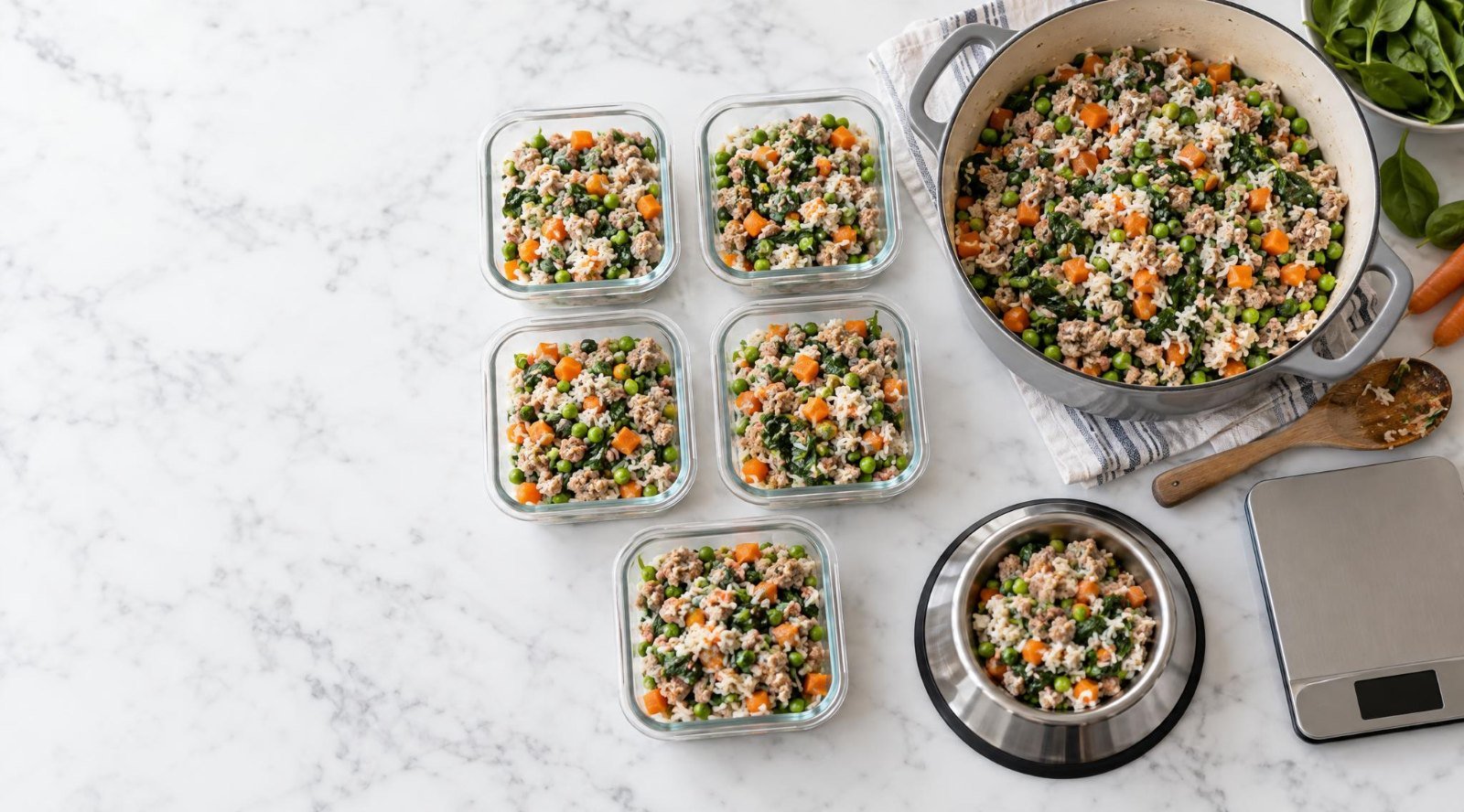 Homemade fresh dog food copycat recipe: turkey, rice, carrots, peas and spinach in a pot and portioned into glass meal prep containers
