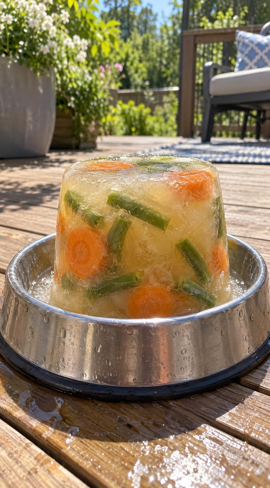 Frozen broth ice block with carrots and green beans in a steel bowl on a patio
