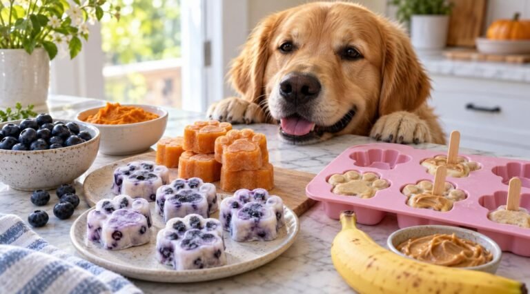 Golden retriever looking at homemade frozen dog treats: yogurt blueberry bites, pumpkin cubes and banana pops