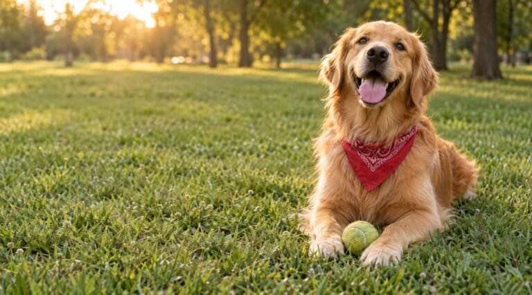 Happy golden retriever in a red bandana with a tennis ball, the dog behind the golden retriever boyfriend trend