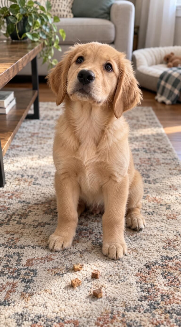 Calm puppy sitting with all four paws on the floor next to training treats