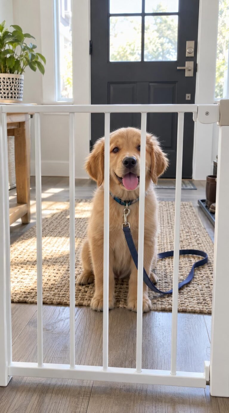 Puppy on a house leash waiting behind a baby gate near the front door