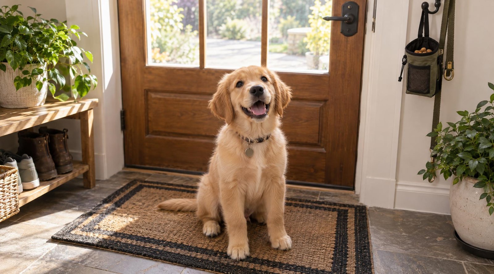 Happy puppy sitting politely on the doormat in a bright front entryway