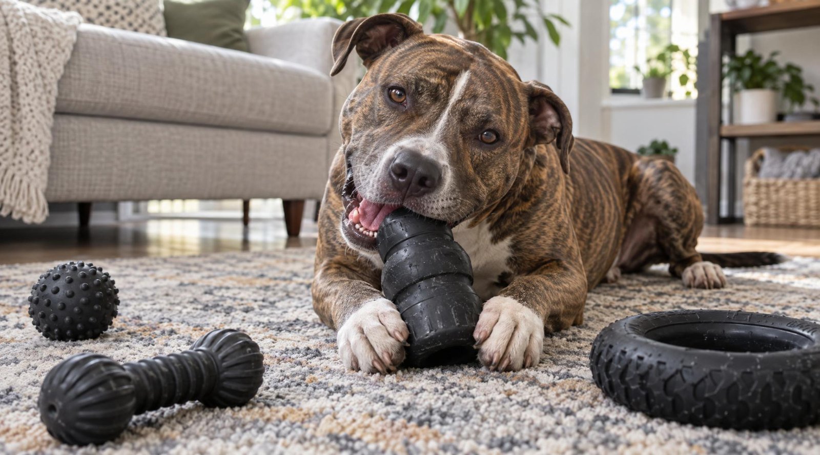 Brindle pit bull mix chewing a thick black rubber chew toy on a rug