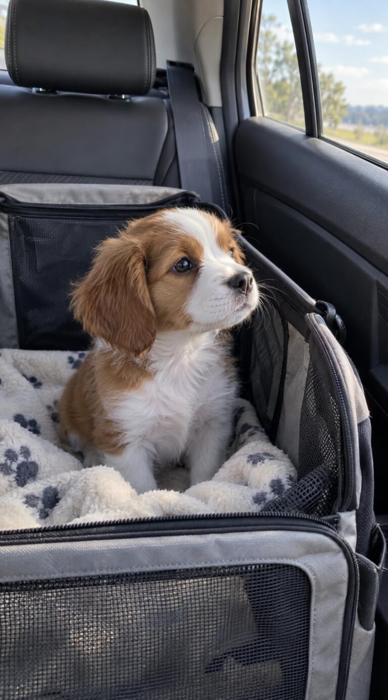 Puppy riding home in a soft travel crate in the back seat
