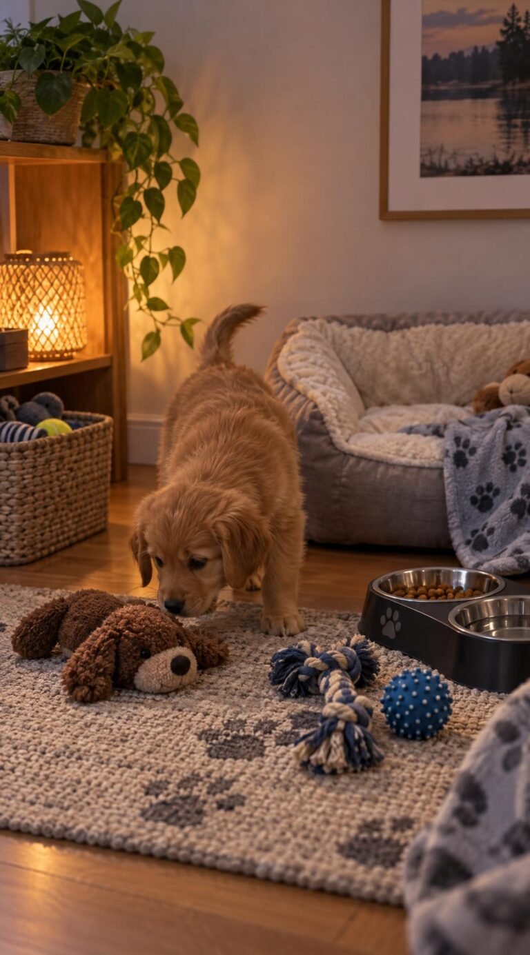 Puppy exploring its new bed, bowls and toys in a quiet corner