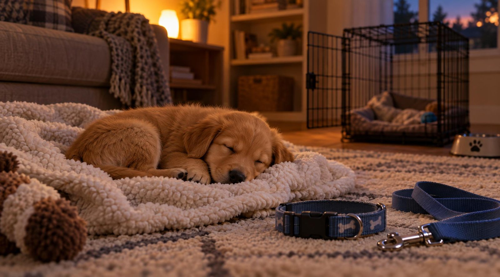 New puppy asleep on a fleece blanket on its first night home