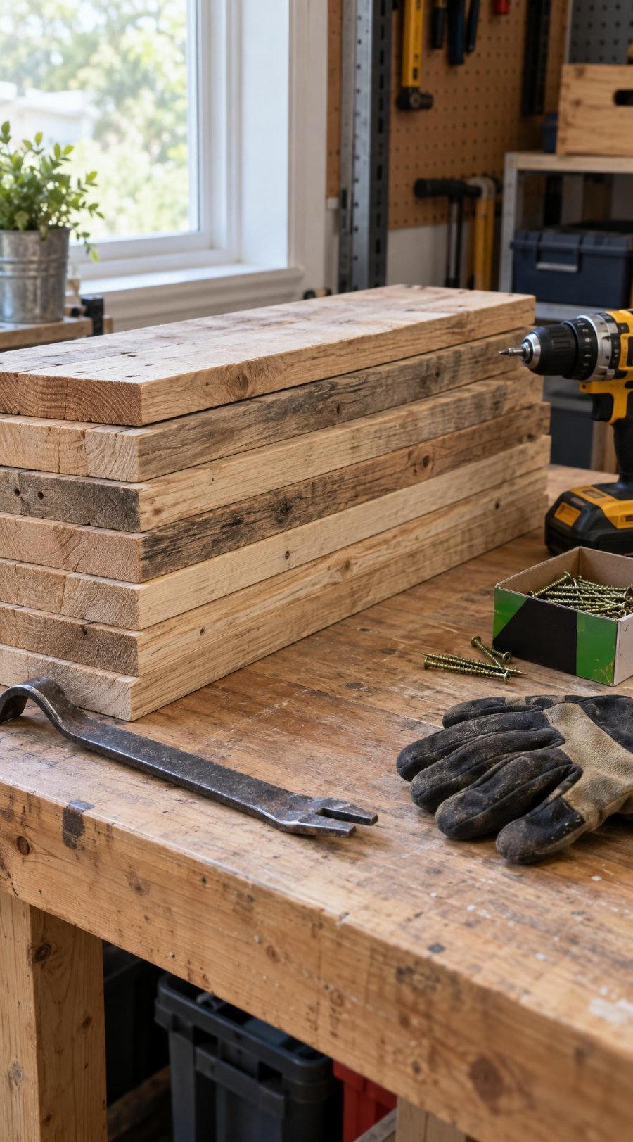 Cleaned and sanded pallet boards stacked on a workbench with a pry bar, drill and exterior screws