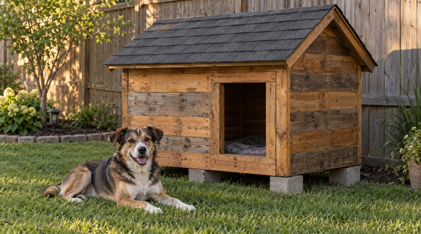 Finished pallet dog house with a shingle roof in a backyard, with a dog lying in front