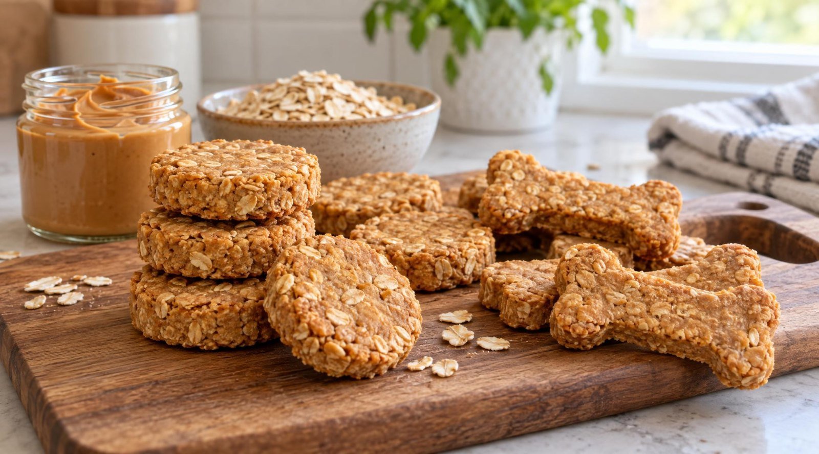 Homemade peanut butter and oat dog treats on a cutting board with a jar of peanut butter and a bowl of rolled oats