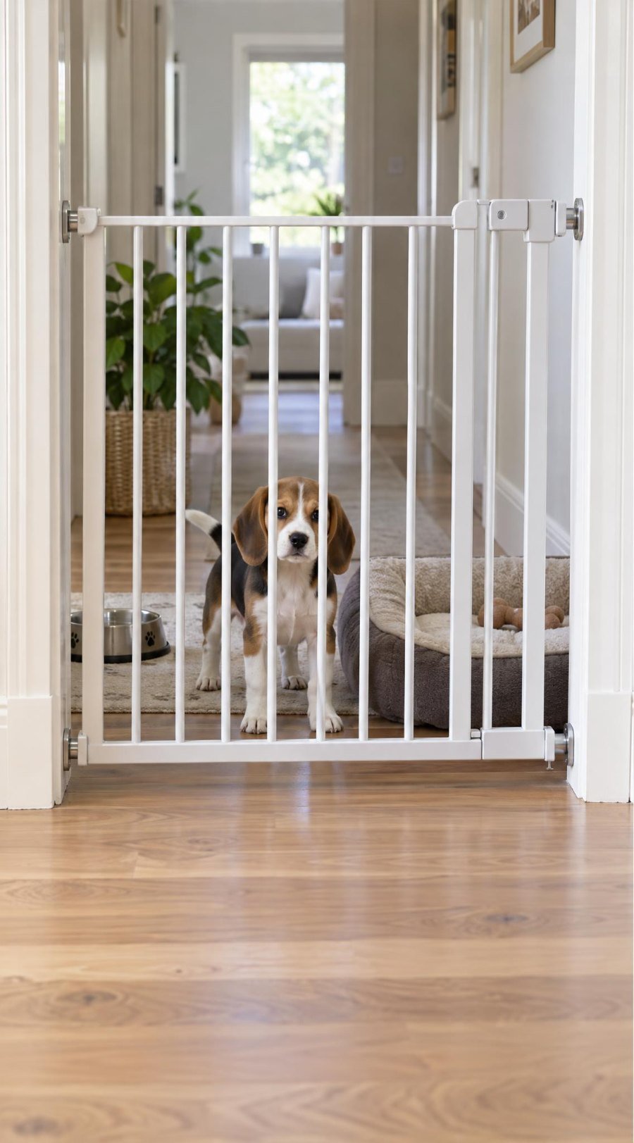 Beagle puppy behind a pet gate in a hallway, with its own bed and water bowl