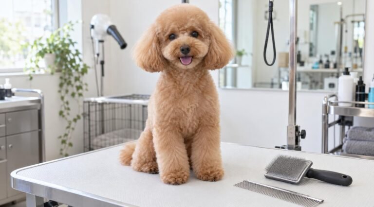 Apricot toy poodle with a teddy bear haircut sitting on a grooming table