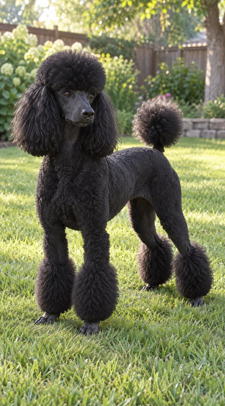 Black miniature poodle with a short body clip, fuller legs and a tail pom standing on a lawn