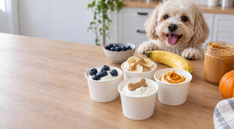 Homemade pup cups recipe: plain yogurt pup cups topped with blueberries, banana and peanut butter, pumpkin, and a dog biscuit, with a small dog watching