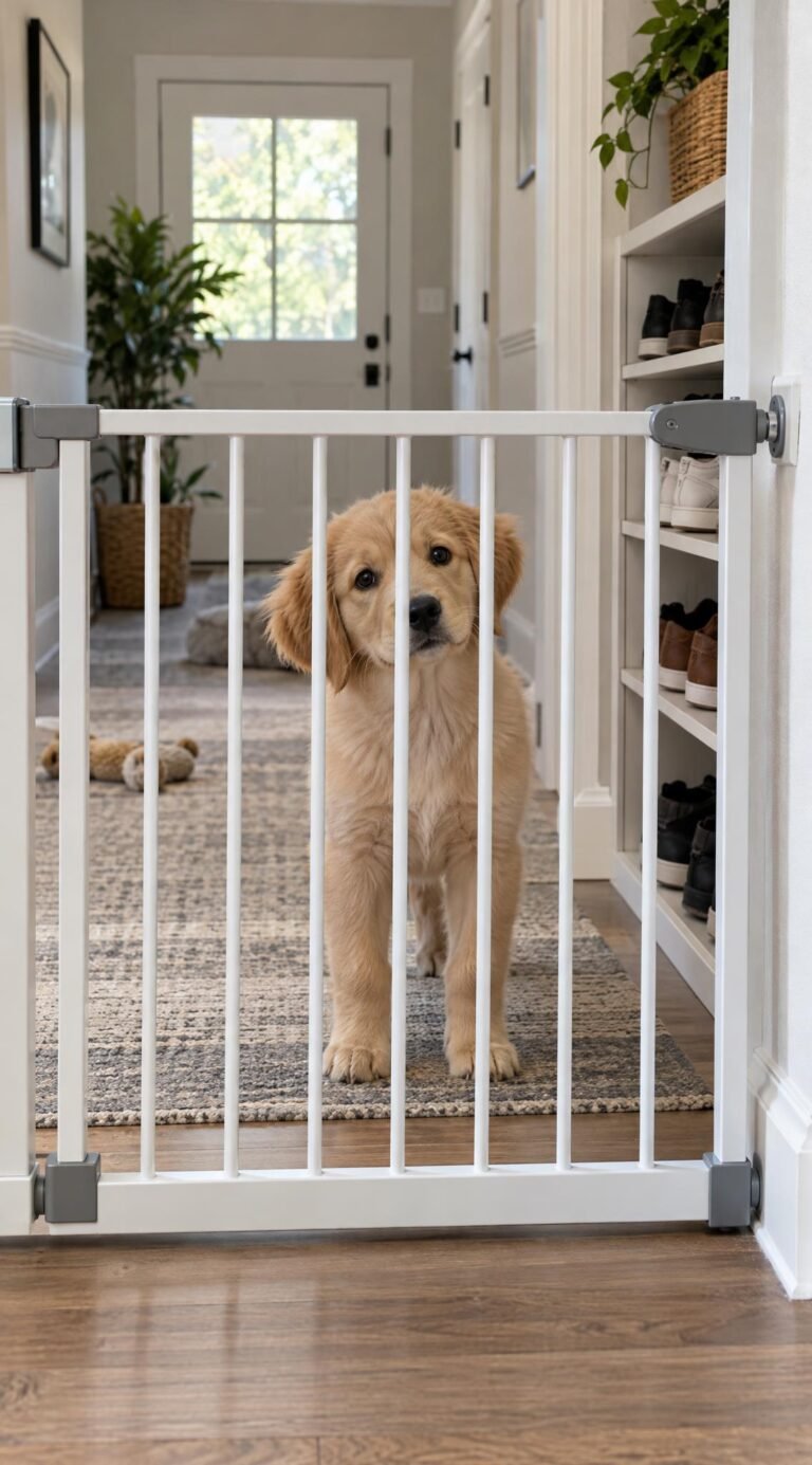 Puppy behind a baby gate in a puppy-proofed hallway with shoes put away