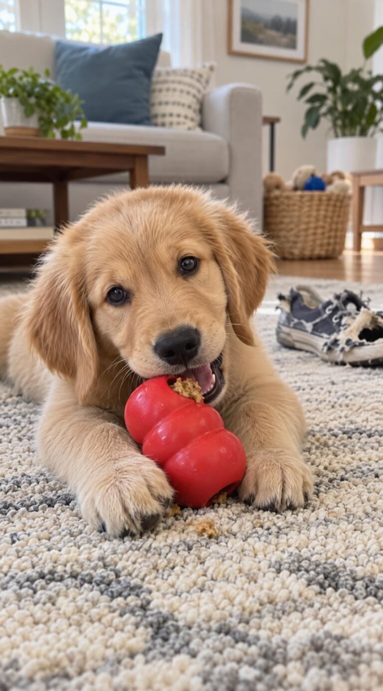 Happy puppy chewing a stuffed rubber chew toy on a rug