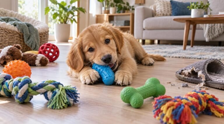 Playful puppy chewing a rubber toy surrounded by chew toys and a chewed slipper