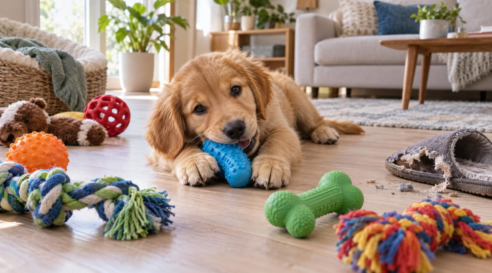 Playful puppy chewing a rubber toy surrounded by chew toys and a chewed slipper