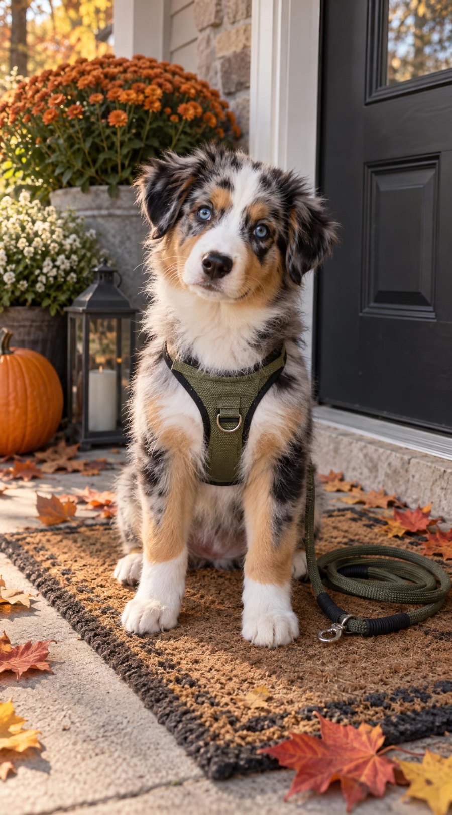 Australian shepherd puppy in a harness sitting on a porch mat next to a leash