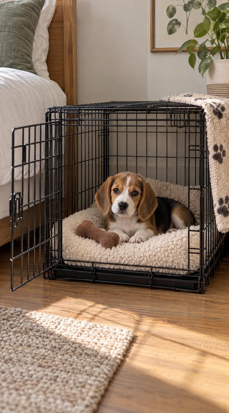 Beagle puppy resting on a soft bed inside an open wire crate