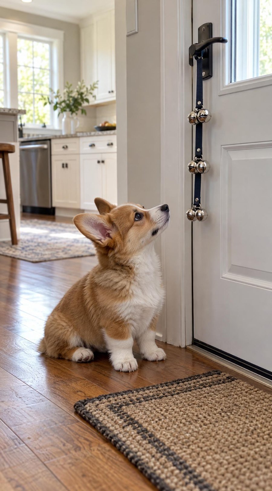 Corgi puppy sitting at the back door looking up at potty training bells on the handle