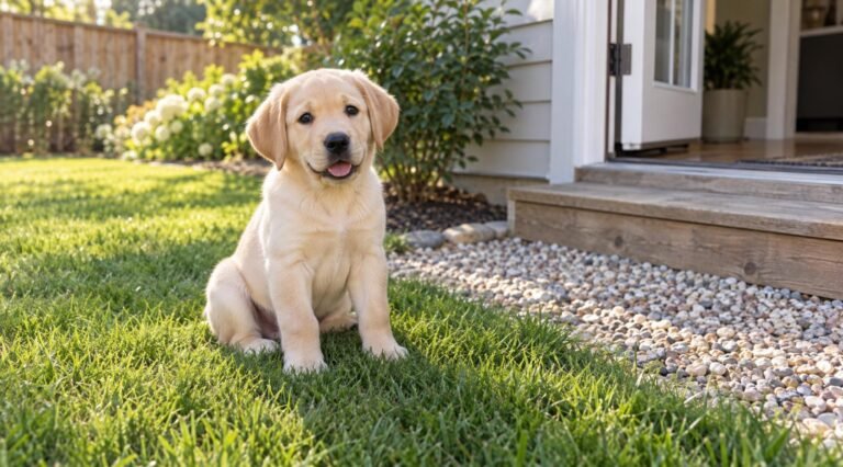 Labrador puppy sitting on the grass potty spot near the back door of a house