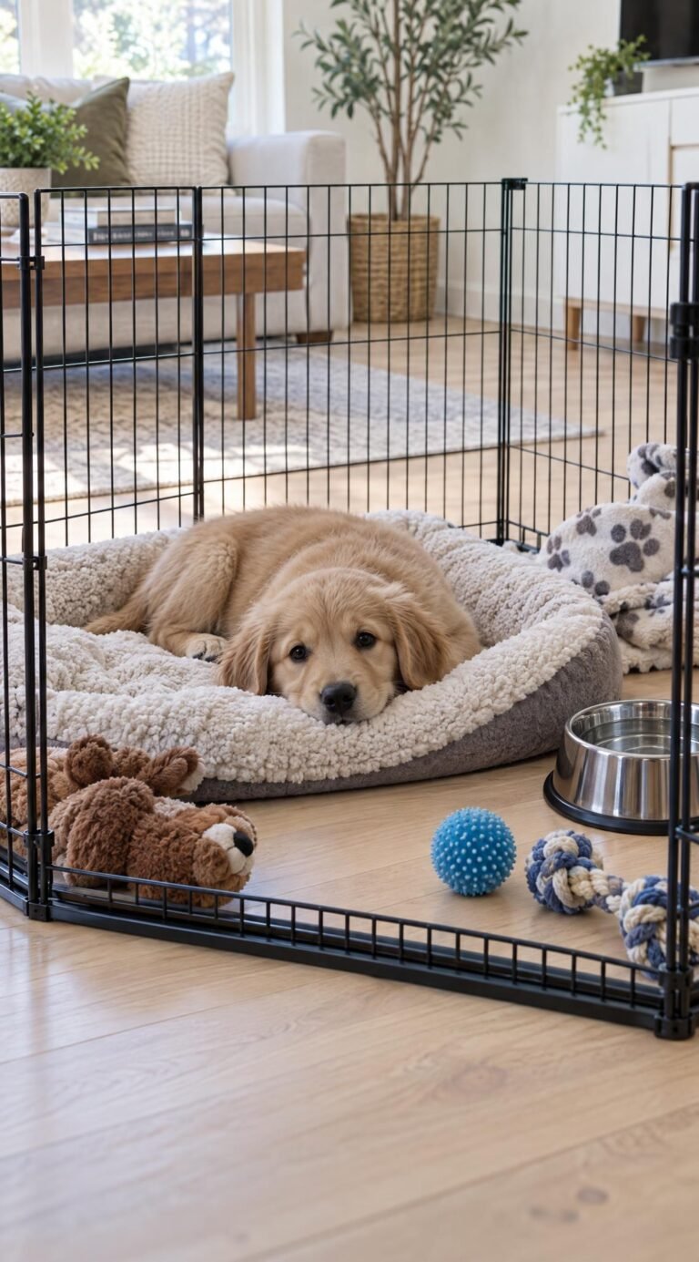 Puppy resting in an indoor playpen with a bed, water bowl and toys