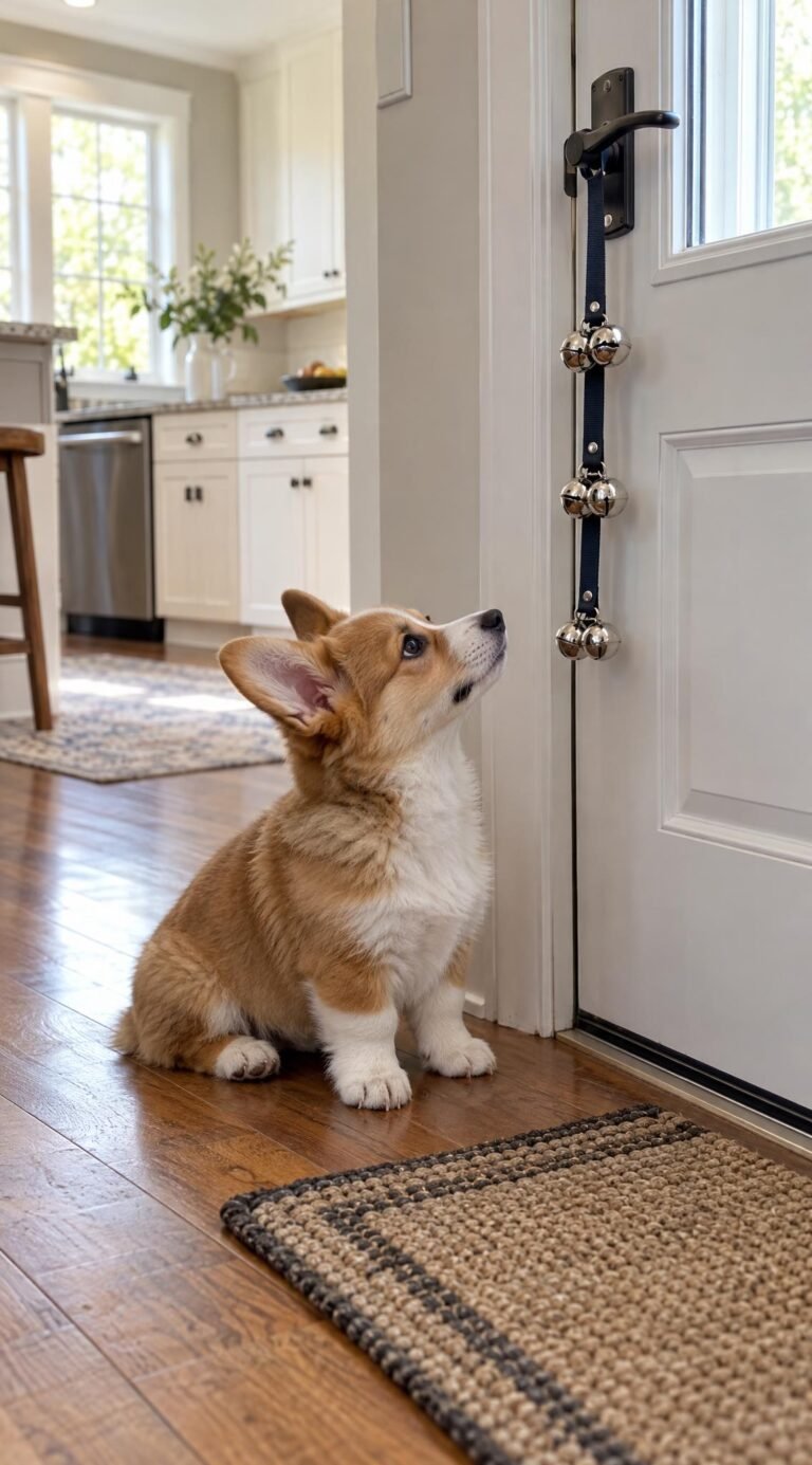 Corgi puppy looking up at potty training bells hanging on the back door