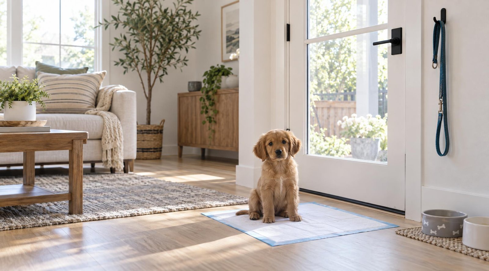 Small puppy sitting on a puppy pad near the back door
