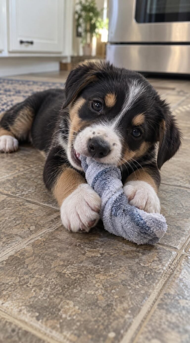 Puppy chewing a twisted frozen washcloth for teething relief