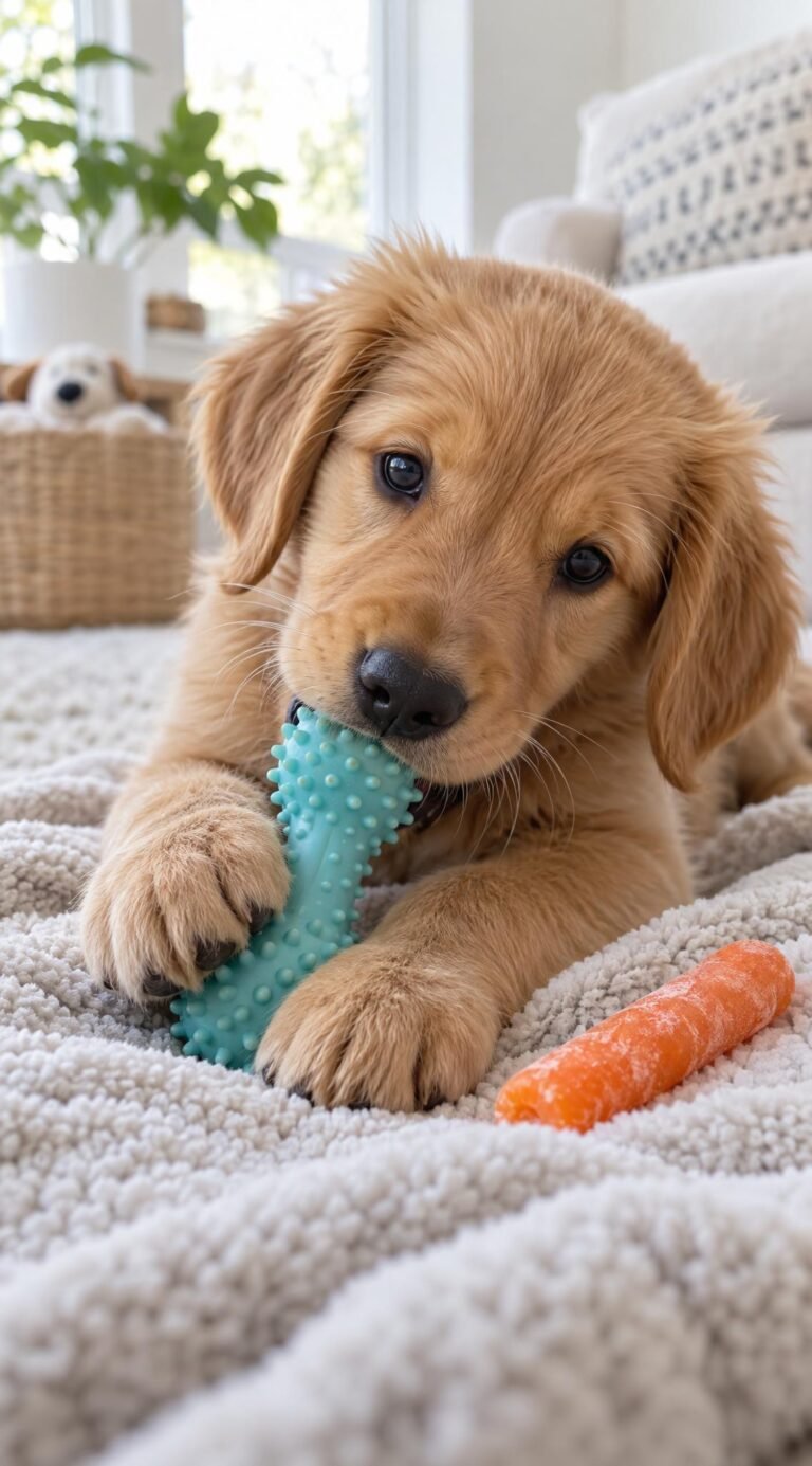 Puppy chewing a rubber teething toy next to a frozen carrot