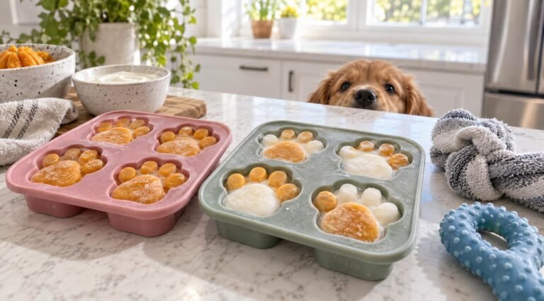 Frozen pumpkin yogurt puppy teething treats in paw-print molds with a curious puppy peeking over the counter