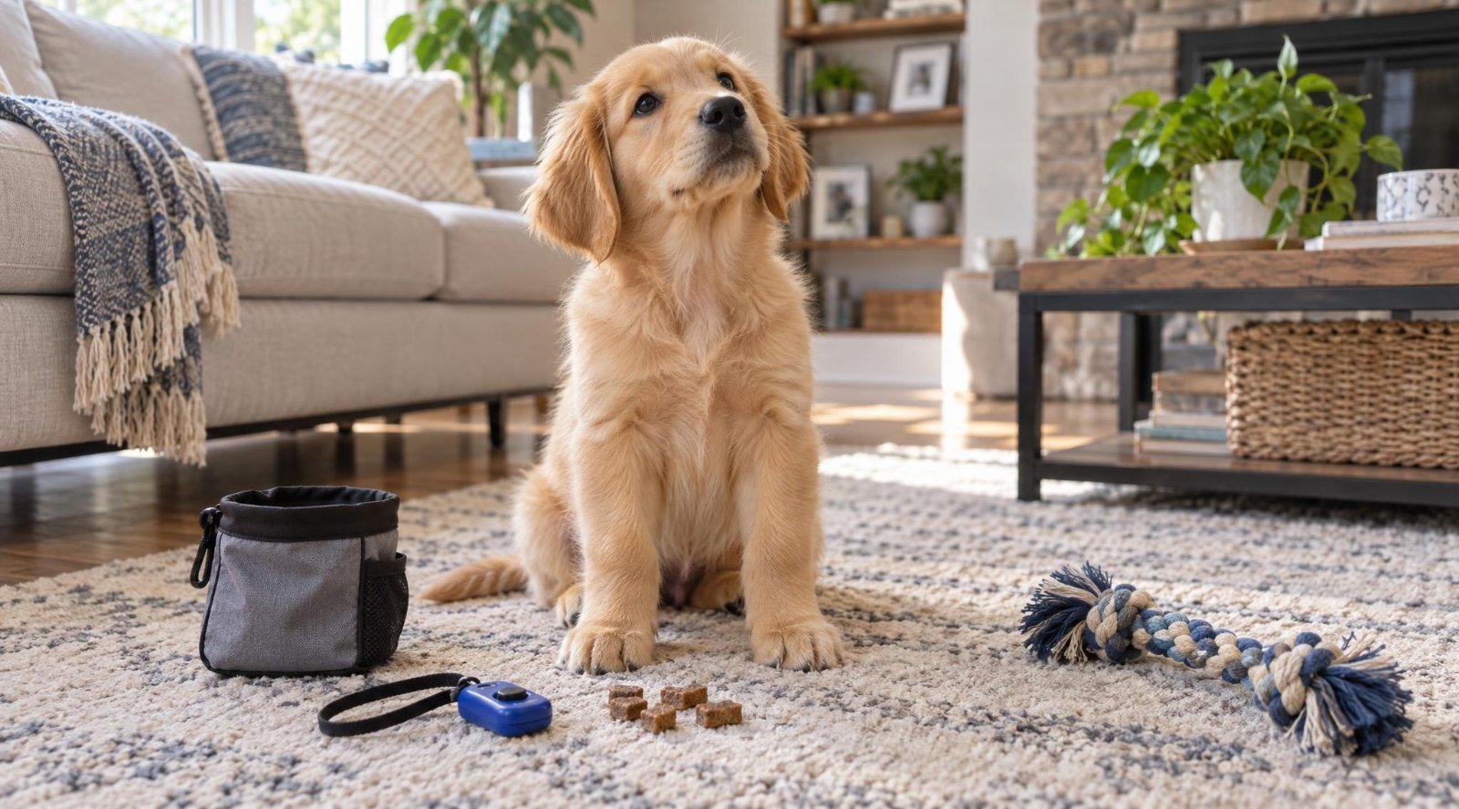 Golden retriever puppy sitting on a living room rug next to a clicker, treat pouch and treats